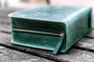 Leather Zippered 40 Slots Pen Case - Crazy Horse Forest Green