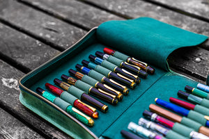 Leather Zippered 40 Slots Pen Case - Crazy Horse Forest Green