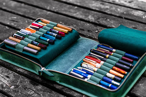 Leather Zippered 40 Slots Pen Case - Crazy Horse Forest Green