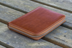 Leather Zippered 5 Slots Pen Case - Brown