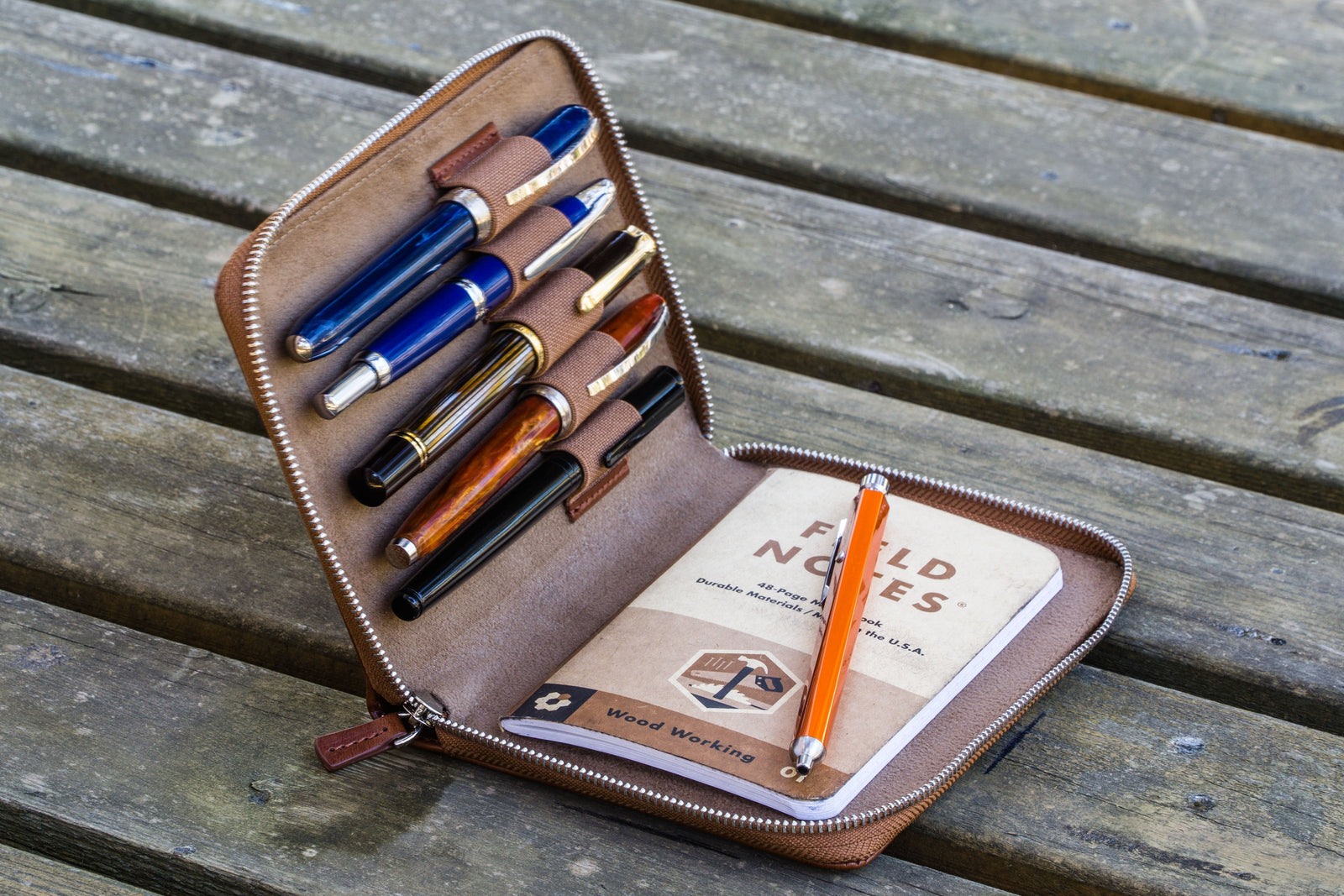Leather Zippered 5 Slots Pen Case - Brown