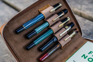 Leather Zippered 5 Slots Pen Case - Crazy Horse Brown