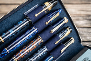 Leather Zippered 5 Slots Pen Case - Crazy Horse Navy Blue