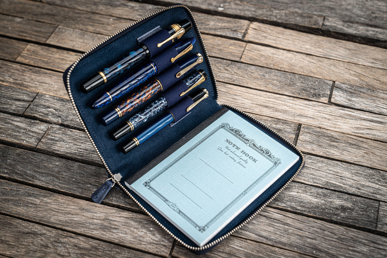 Leather Zippered 5 Slots Pen Case - Crazy Horse Navy Blue