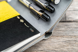 Leather Zippered 5 Slots Pen Case - Crazy Horse Smoky