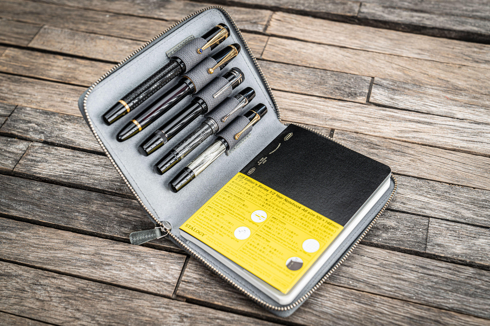 Leather Zippered 5 Slots Pen Case - Crazy Horse Smoky