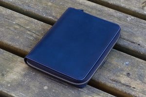 Leather Zippered 5 Slots Pen Case - Navy Blue