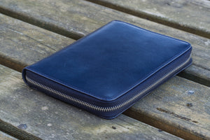 Leather Zippered 5 Slots Pen Case - Navy Blue