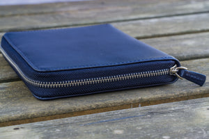 Leather Zippered 5 Slots Pen Case - Navy Blue
