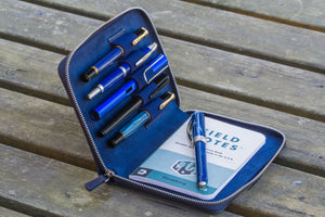 Leather Zippered 5 Slots Pen Case - Navy Blue