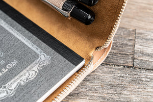 Leather Zippered 5 Slots Pen Case - Undyed Leather