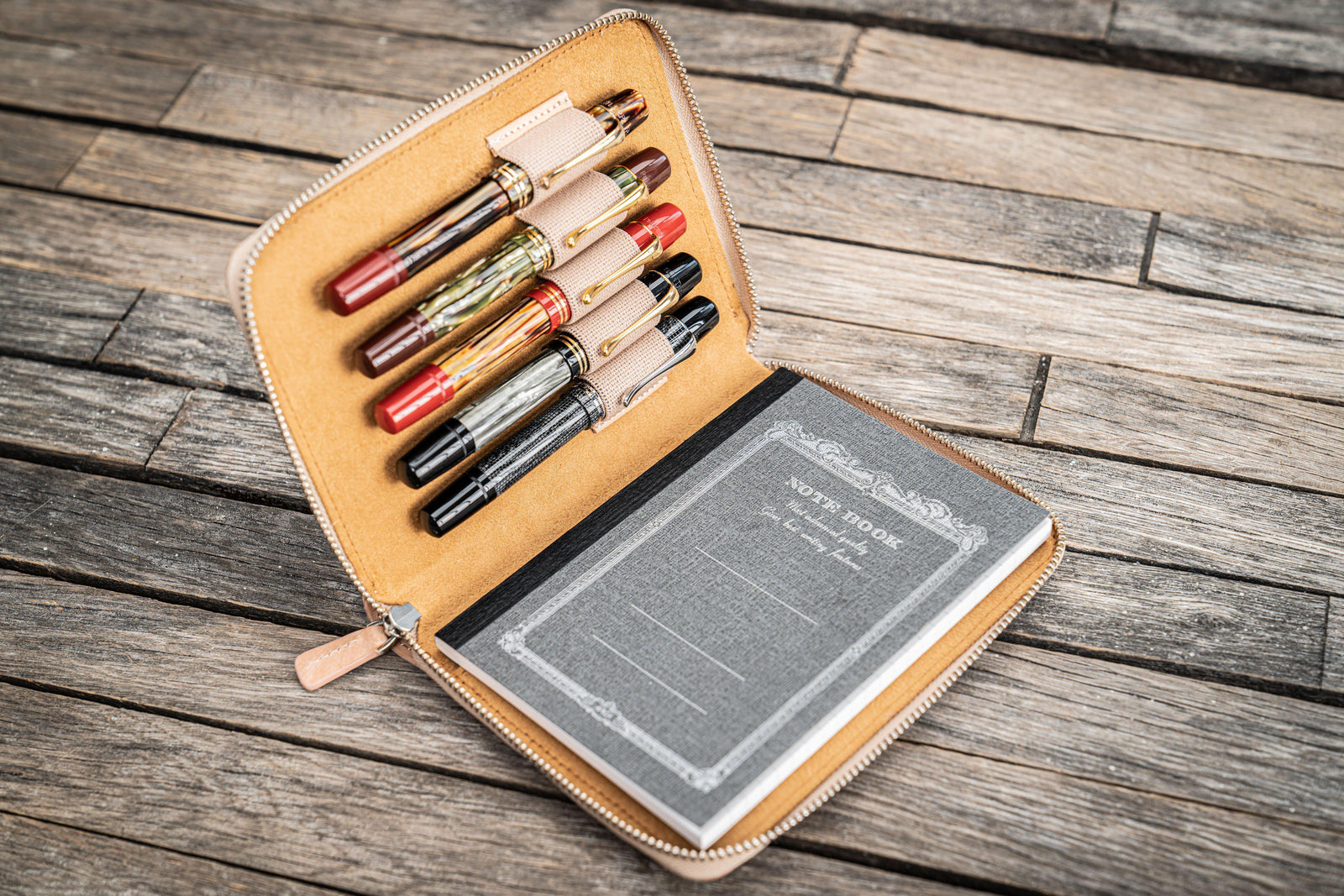 Leather Zippered 5 Slots Pen Case - Undyed Leather