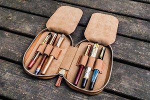 Leather Zippered 6 Slots Pen Case - Brown