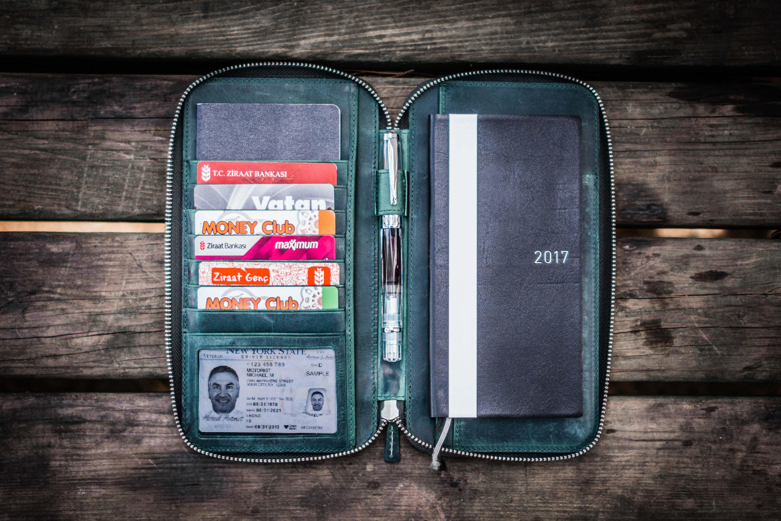 Leather Zippered Hobonichi Weeks Mega Cover - Crazy Horse Forest Green