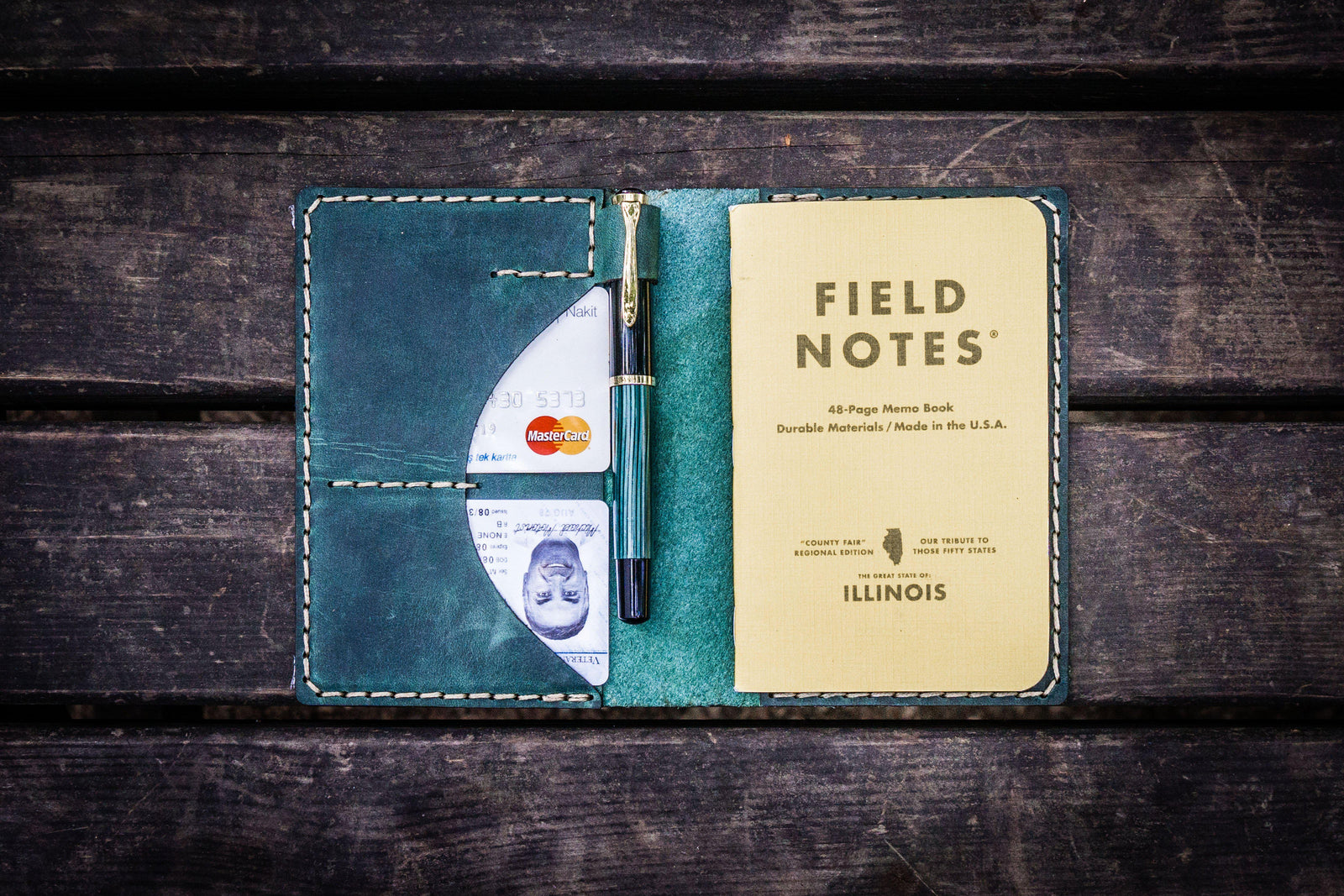 No.44 Personalized Leather Field Notes Cover - Crazy Horse Forest Green