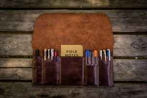 Personalized Leather Pen Roll - Brown