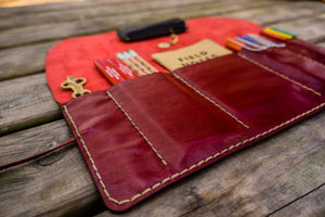 Personalized Leather Pen Roll - Red