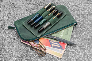 Leather Slip-N-Zip 4 Slots Zippered Pen Pouch - C.H. Forest Green