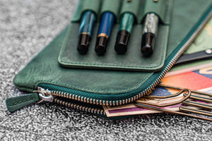 Leather Slip-N-Zip 4 Slots Zippered Pen Pouch - C.H. Forest Green