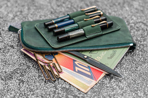 Leather Slip-N-Zip 4 Slots Zippered Pen Pouch - C.H. Forest Green