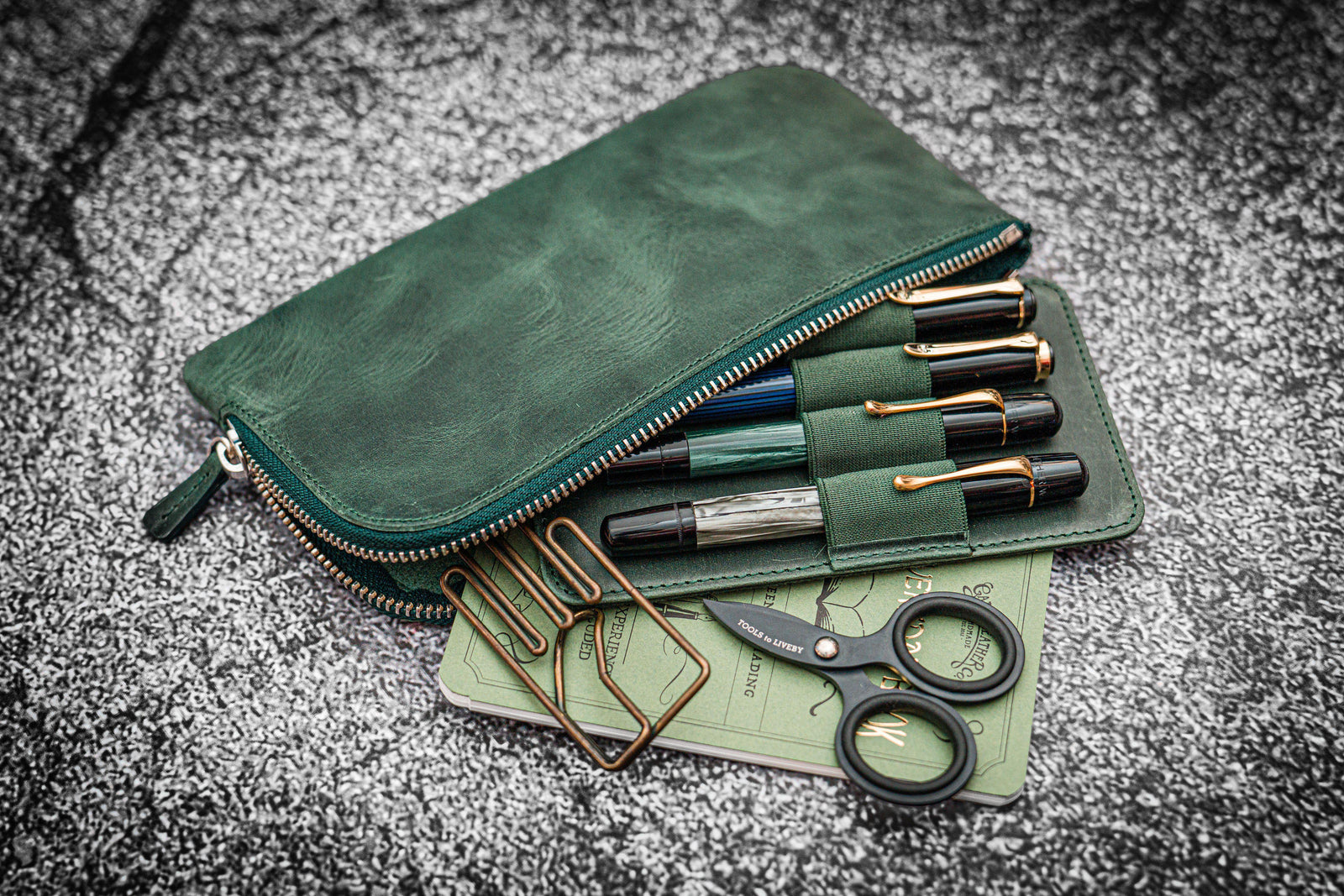 Leather Slip-N-Zip 4 Slots Zippered Pen Pouch - C.H. Forest Green