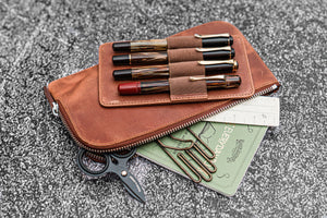 Leather Slip-N-Zip 4 Slots Zippered Pen Pouch - C.H. Tan