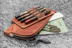 Leather Slip-N-Zip 4 Slots Zippered Pen Pouch - C.H. Tan