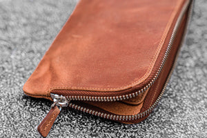 Leather Slip-N-Zip 4 Slots Zippered Pen Pouch - C.H. Tan