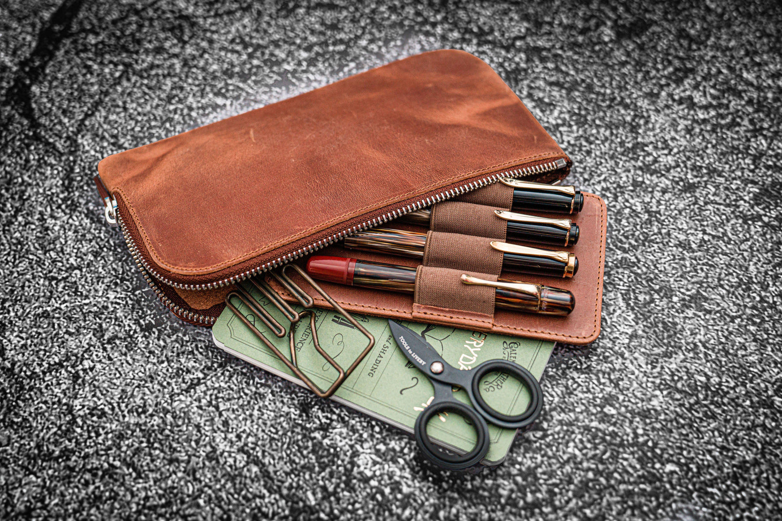 Leather Slip-N-Zip 4 Slots Zippered Pen Pouch - C.H. Tan