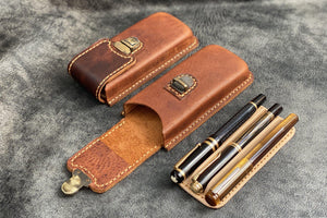 The Old School - Leather Molded Pen Case for 3 Pens - Distressed Leather