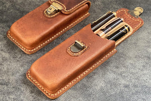 The Old School - Leather Molded Pen Case for 3 Pens - Distressed Leather