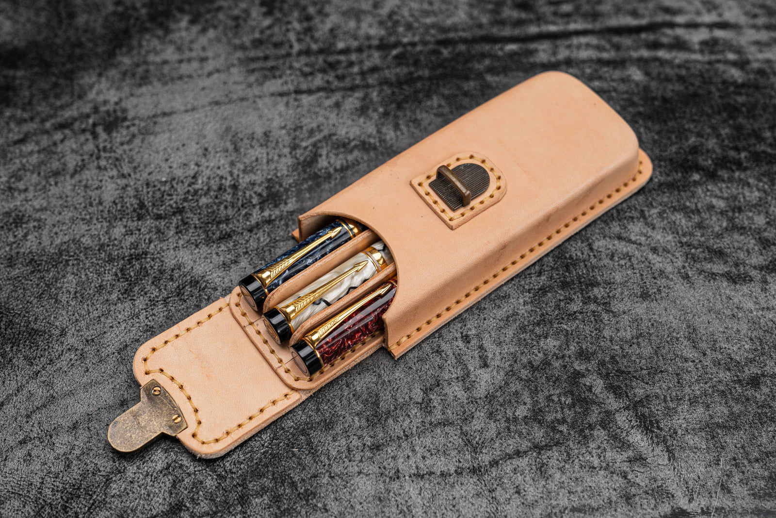 The Old School - Leather Molded Pen Case for 3 Pens - Undyed Leather